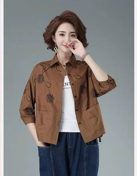 Women’s 2023 Autumn/Winter Printed Polo Collar 3/4 Sleeve Casual Shirt - Image 11