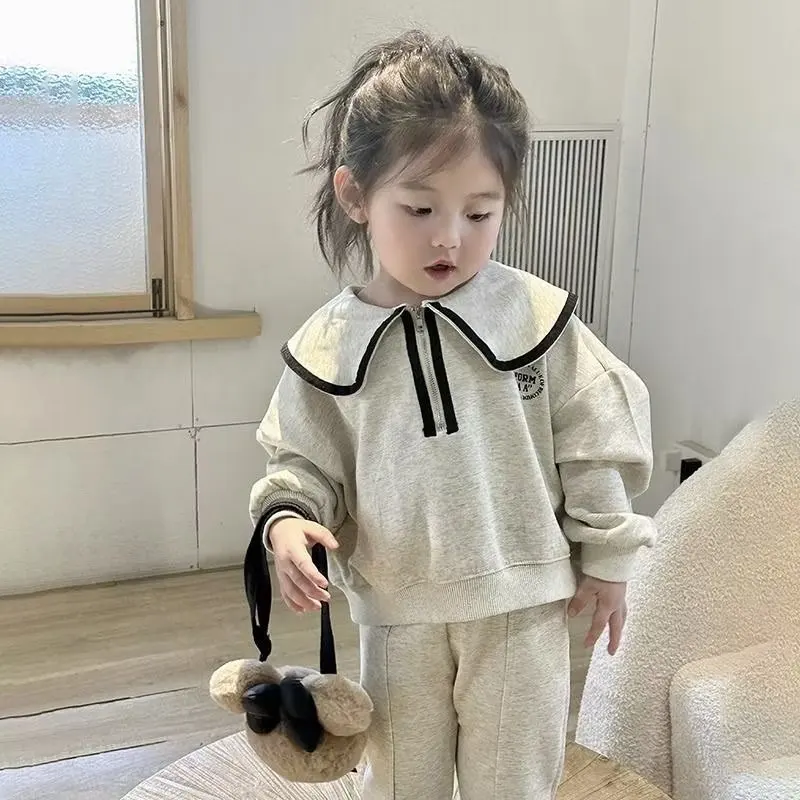 Korean Girls’ Spring/Autumn 2-Piece Sweatshirt & Pants Set (Ages 4–9)