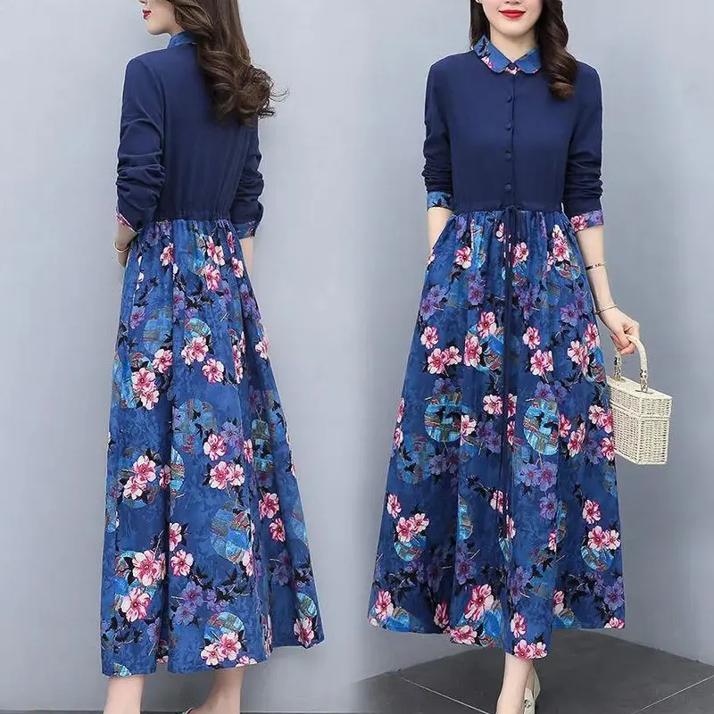 Women’s Spring/Autumn Printed Long Dress – Single-Breasted Drawstring Collar