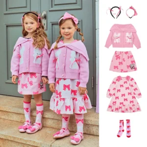 2025 Baby Girls’ Knit Cardigan & Skirt Set – Autumn/Winter Princess Bow Dress