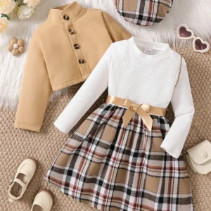 Girls’ 3-Piece Autumn/Winter Set – Plaid Dress, Jacket & Beret (Ages 1–6)