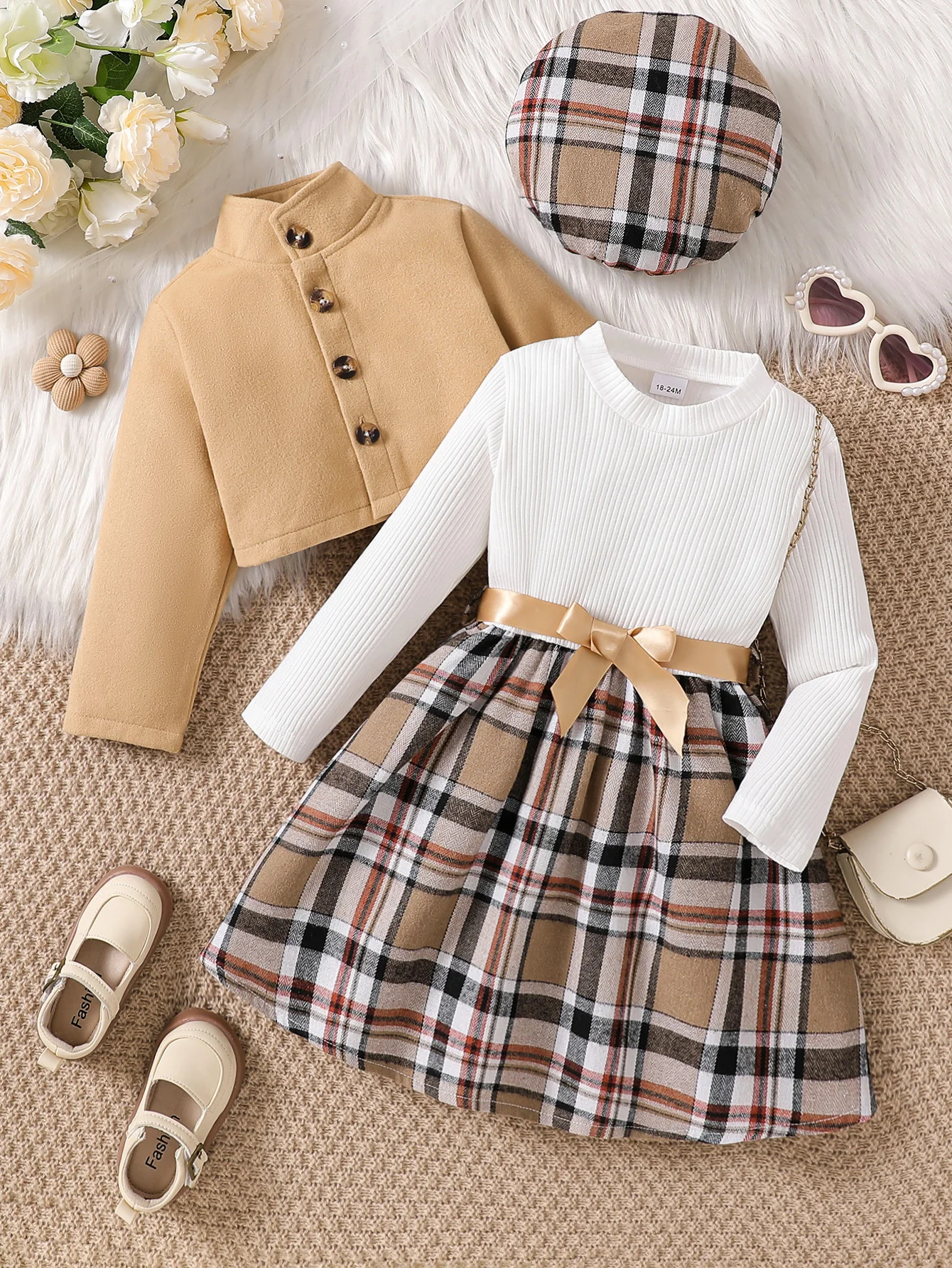 Girls’ 3-Piece Autumn/Winter Set – Plaid Dress, Jacket & Beret (Ages 1–6)