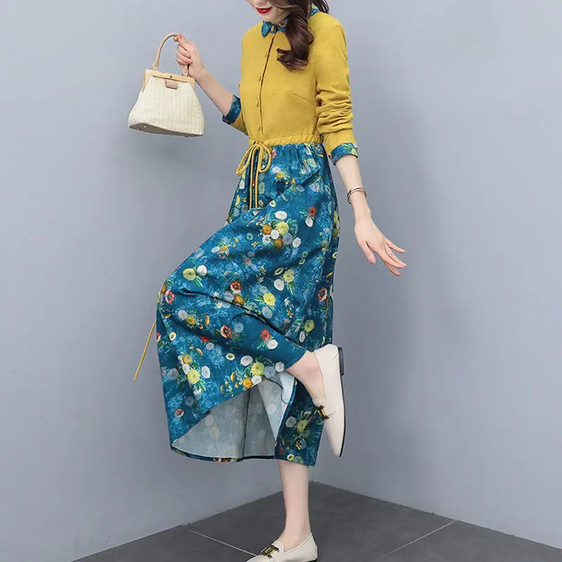 Women’s Spring/Autumn Printed Long Dress – Single-Breasted Drawstring Collar - Image 4