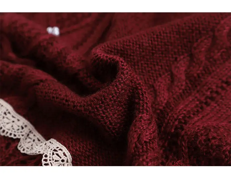 Women’s 2022 Autumn/Winter Wine Red Lace Doll Neck Sweater – Soft Vintage Style - Image 15