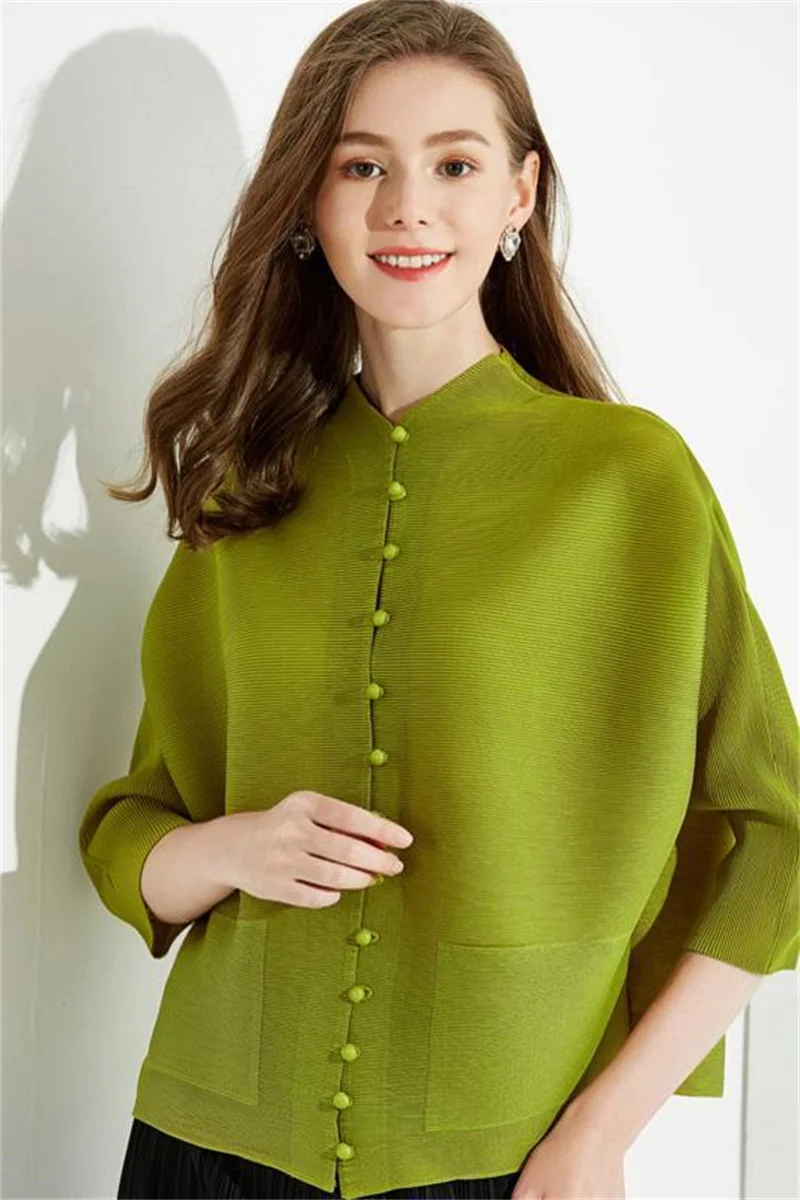 Woman Clothing Bat Sleeve Loose Pleated T-Shirt Jacket with Pocket - Image 18
