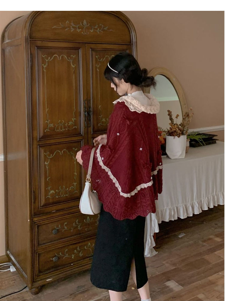 Women’s 2022 Autumn/Winter Wine Red Lace Doll Neck Sweater – Soft Vintage Style - Image 10