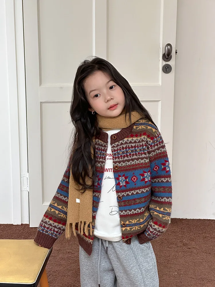 2025 Kids’ Winter Retro Jacquard Sheep Wool Sweater Jacket – Girls’ Knitted Top - Image 12