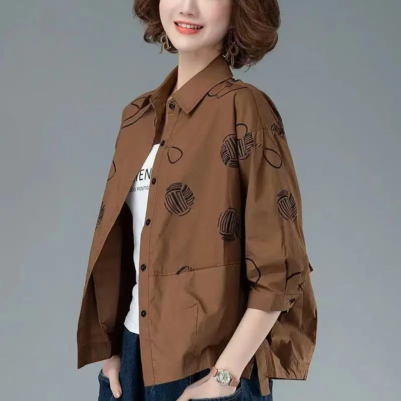 Women’s 2023 Autumn/Winter Printed Polo Collar 3/4 Sleeve Casual Shirt - Image 2