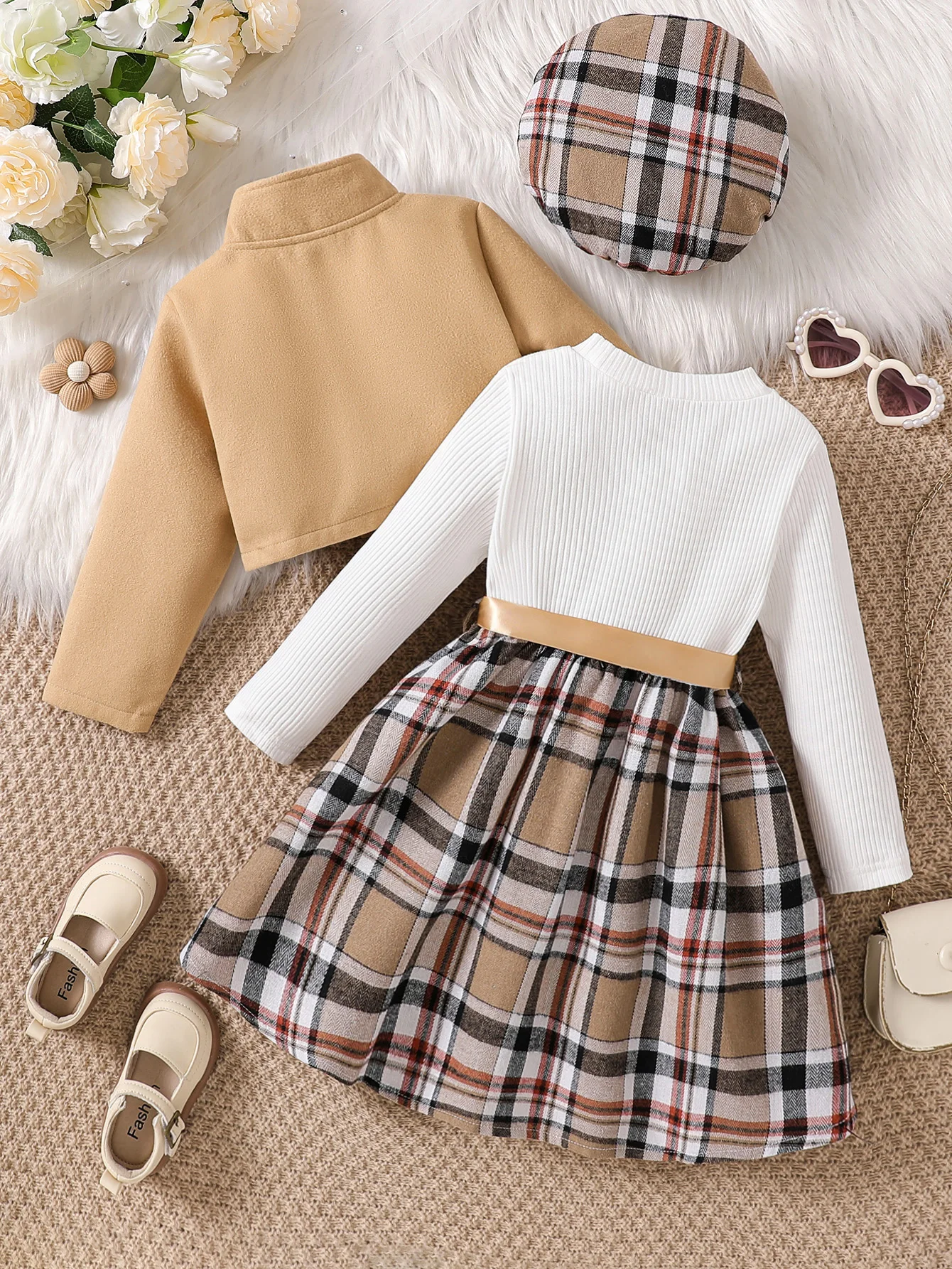 Girls’ 3-Piece Autumn/Winter Set – Plaid Dress, Jacket & Beret (Ages 1–6) - Image 2
