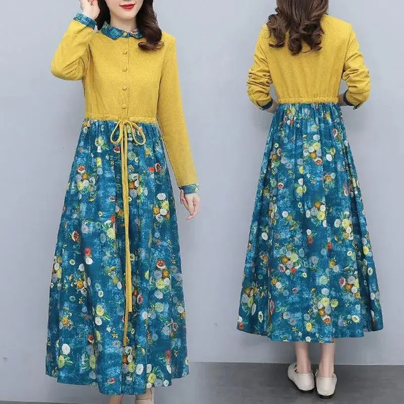 Women’s Spring/Autumn Printed Long Dress – Single-Breasted Drawstring Collar - Image 6