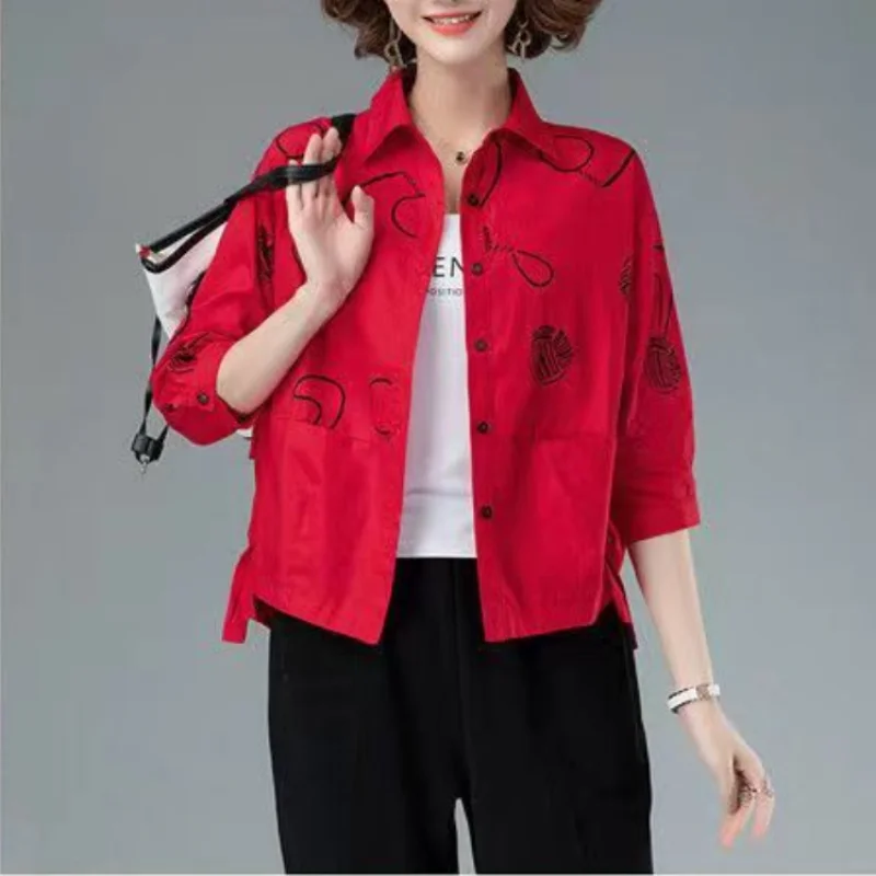 Women’s 2023 Autumn/Winter Printed Polo Collar 3/4 Sleeve Casual Shirt - Image 5