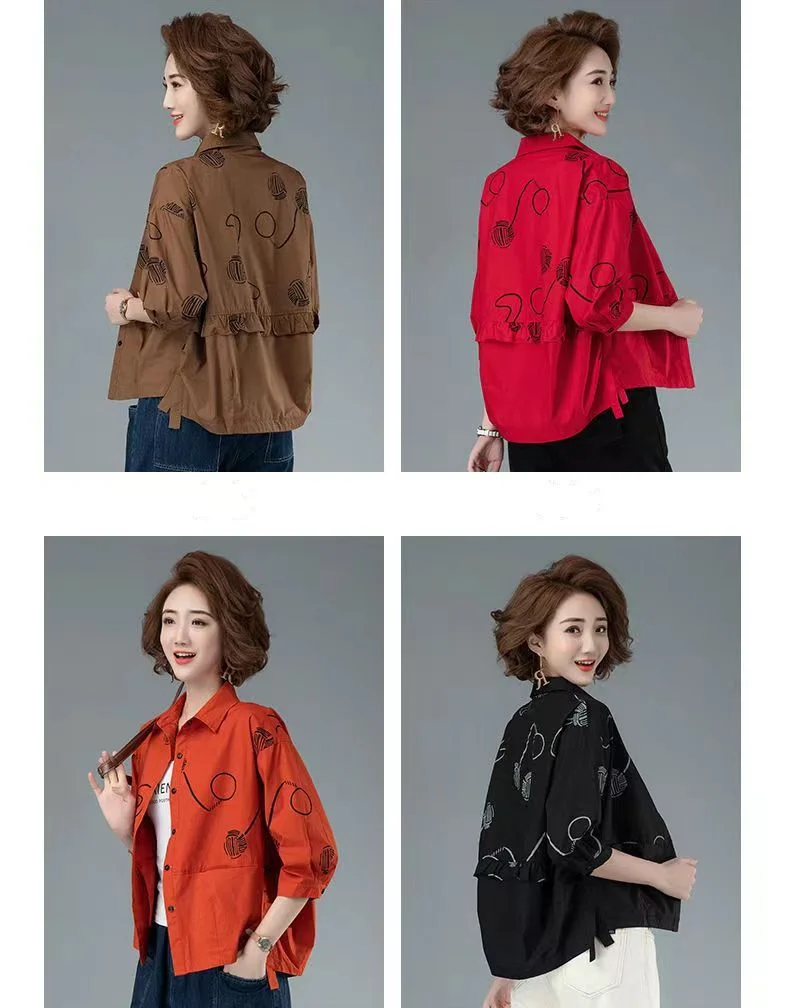 Women’s 2023 Autumn/Winter Printed Polo Collar 3/4 Sleeve Casual Shirt - Image 10