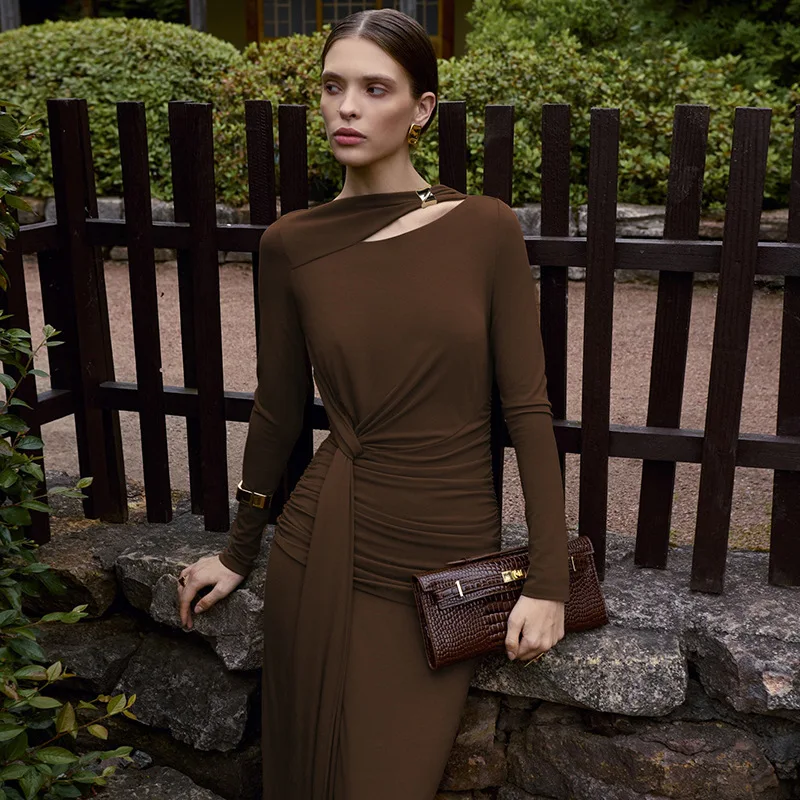 Woman Clothing 2025 Autumn High Waist Bandage Ruched Long Dress - Image 15