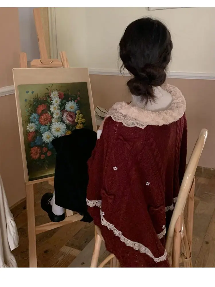 Women’s 2022 Autumn/Winter Wine Red Lace Doll Neck Sweater – Soft Vintage Style - Image 9