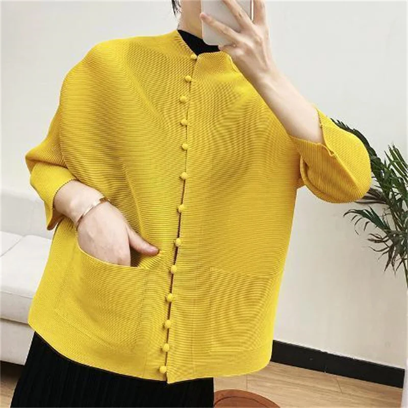 Woman Clothing Bat Sleeve Loose Pleated T-Shirt Jacket with Pocket - Image 4