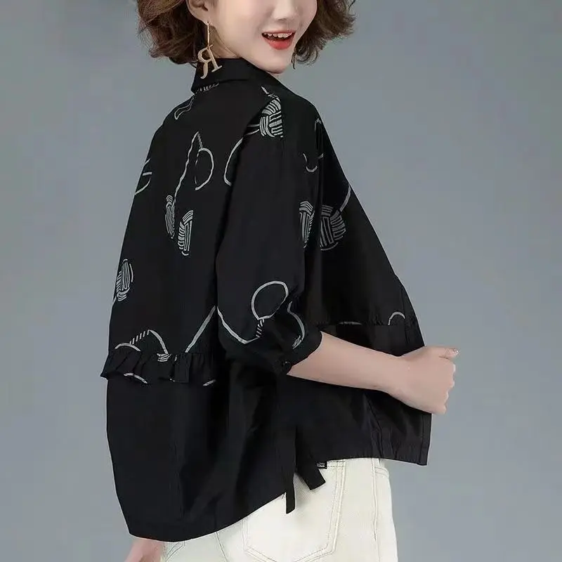 Women’s 2023 Autumn/Winter Printed Polo Collar 3/4 Sleeve Casual Shirt - Image 4