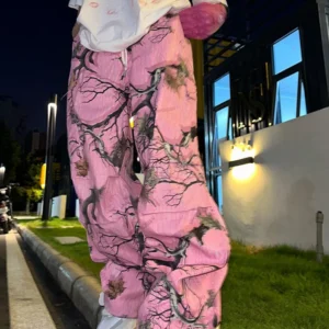 Mens Clothing Vintage Graffiti Loose Pink Camouflage Straight Leg Overalls