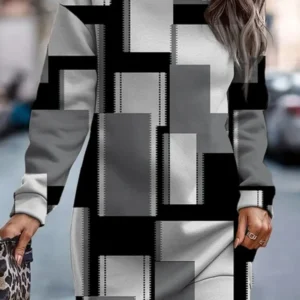 Women’s 2024 Autumn/Winter Printed Round-Neck Long-Sleeve Casual Dress