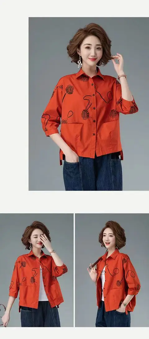 Women’s 2023 Autumn/Winter Printed Polo Collar 3/4 Sleeve Casual Shirt - Image 15