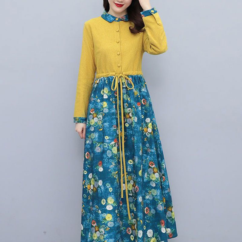 Women’s Spring/Autumn Printed Long Dress – Single-Breasted Drawstring Collar - Image 19