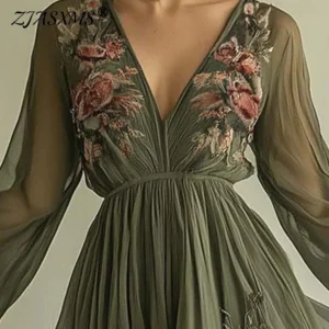 Women’s 2025 Spring V-Neck Floral Boho Evening Dress – Long Sleeve High Waist