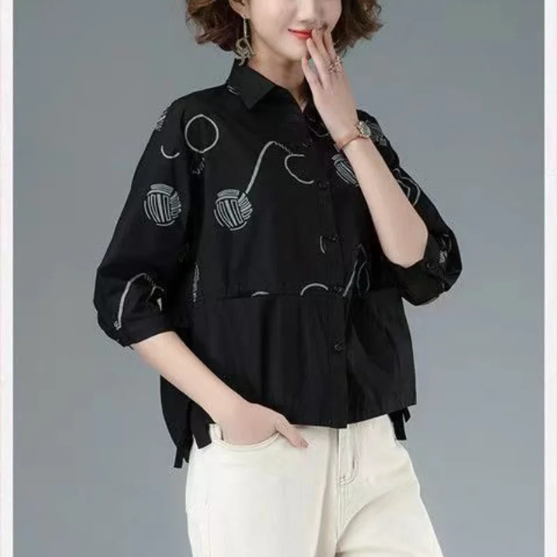 Women’s 2023 Autumn/Winter Printed Polo Collar 3/4 Sleeve Casual Shirt - Image 3