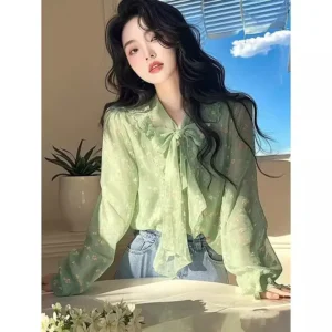 Women’s Spring Green Floral Lace-Up Blouse – Western Small Shirt Style