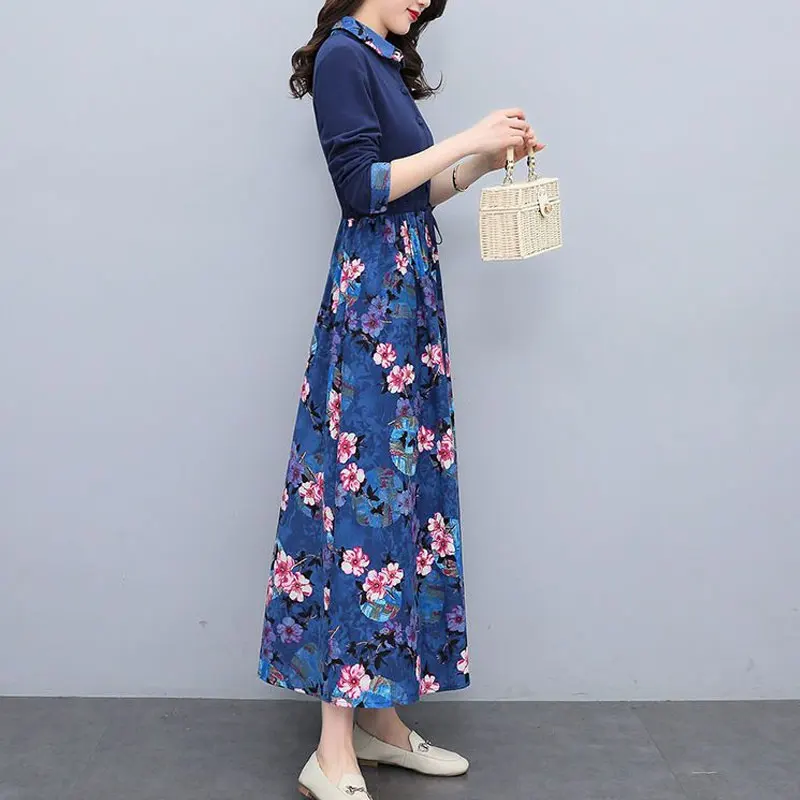 Women’s Spring/Autumn Printed Long Dress – Single-Breasted Drawstring Collar - Image 2