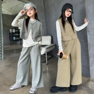 Junior Girls’ 3-Piece Set – Round Neck Vest, T-Shirt & Wide-Leg Pants