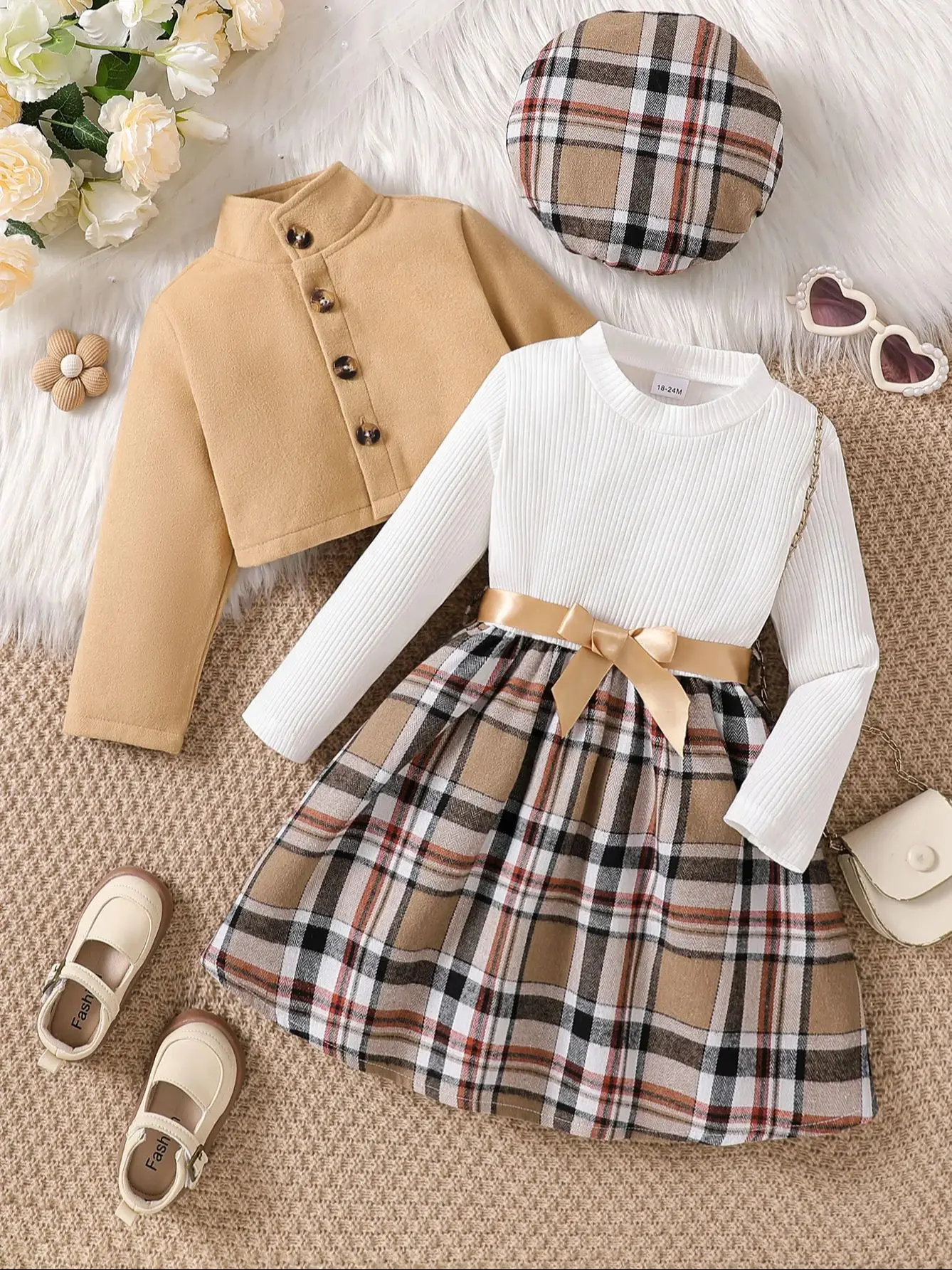 Girls’ 3-Piece Autumn/Winter Set – Plaid Dress, Jacket & Beret (Ages 1–6) - Image 8