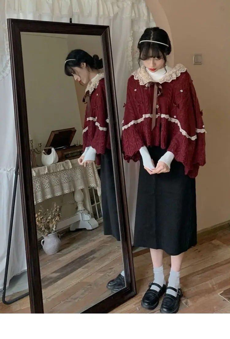 Women’s 2022 Autumn/Winter Wine Red Lace Doll Neck Sweater – Soft Vintage Style - Image 2