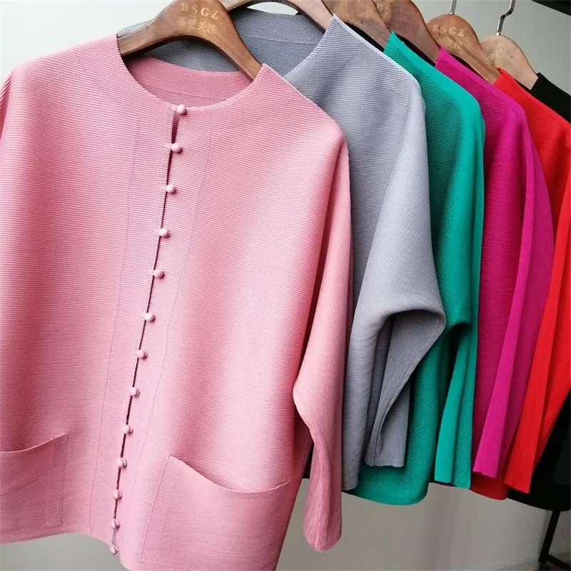 Woman Clothing Bat Sleeve Loose Pleated T-Shirt Jacket with Pocket - Image 2