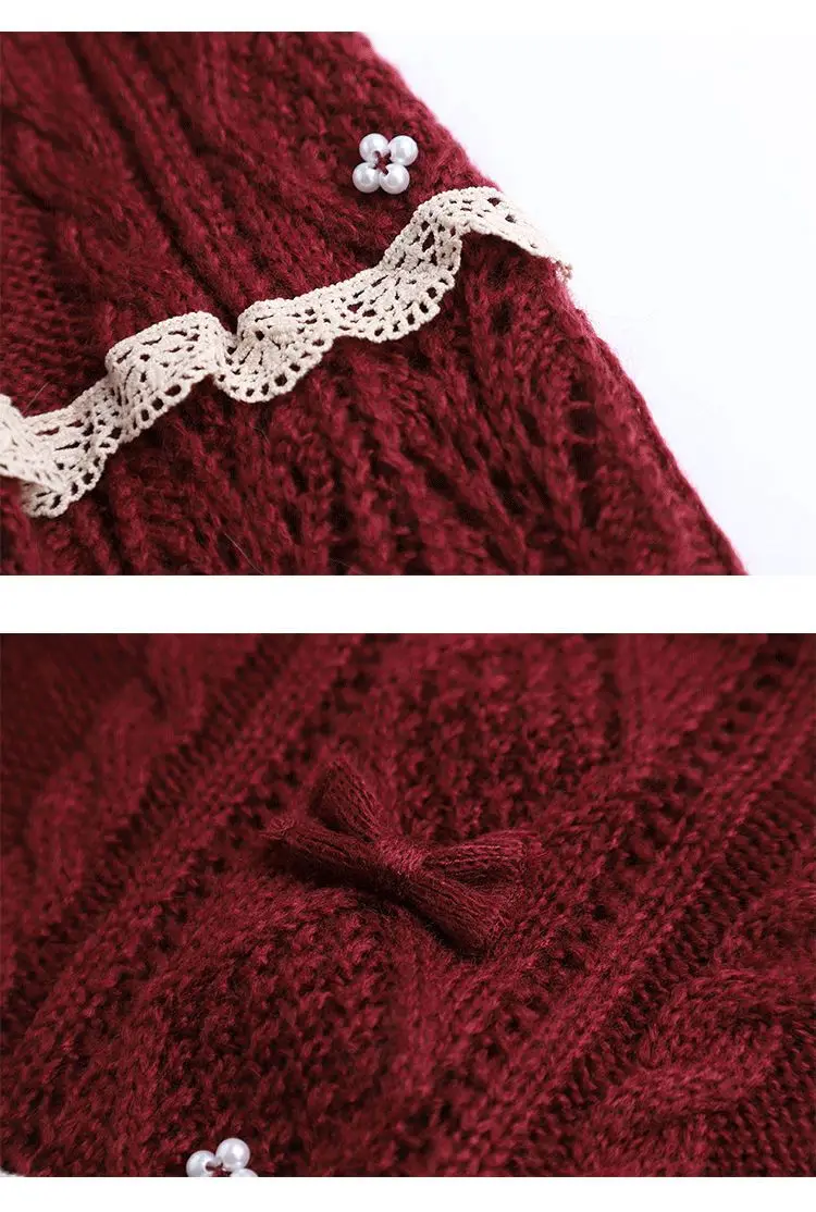 Women’s 2022 Autumn/Winter Wine Red Lace Doll Neck Sweater – Soft Vintage Style - Image 13