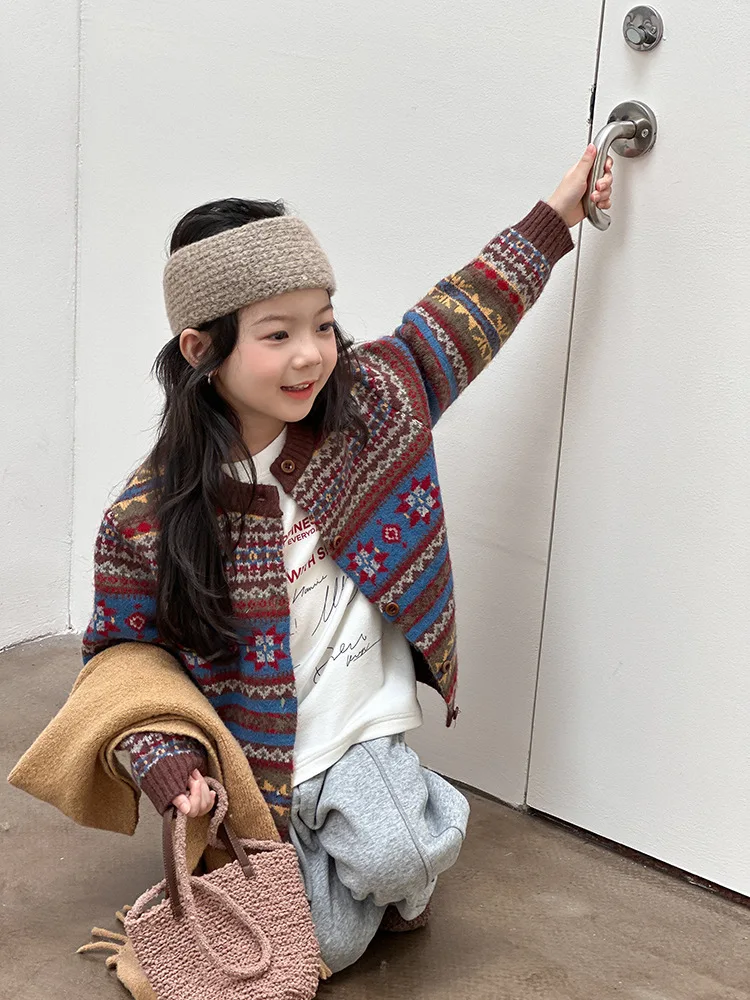 2025 Kids’ Winter Retro Jacquard Sheep Wool Sweater Jacket – Girls’ Knitted Top - Image 14