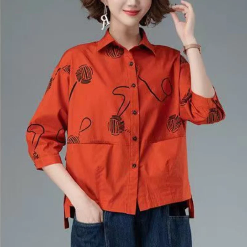 Women’s 2023 Autumn/Winter Printed Polo Collar 3/4 Sleeve Casual Shirt - Image 7