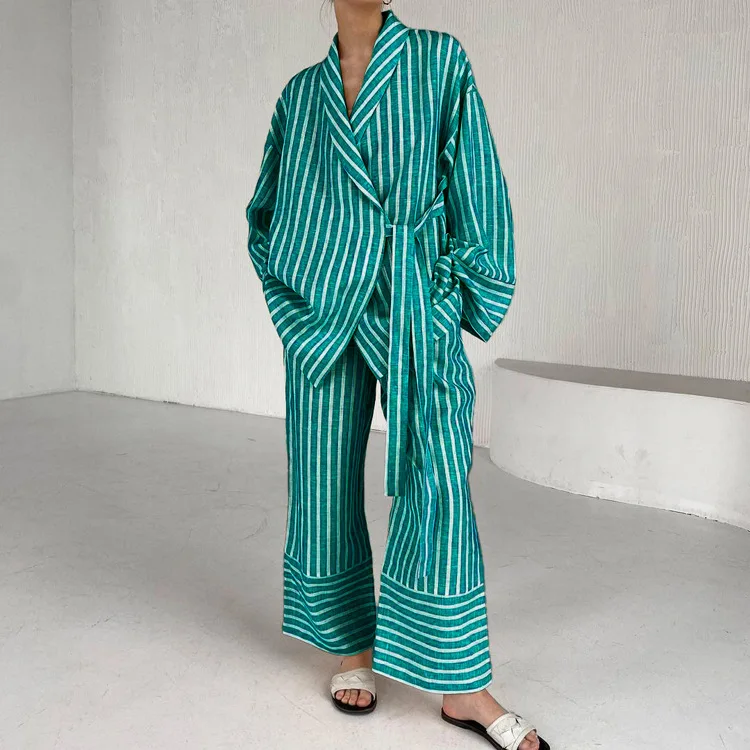 Women’s Clothing 2025 Autumn Striped Long Sleeve Lace Top & High Waist Trousers - Image 26