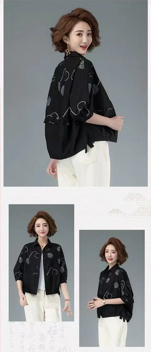 Women’s 2023 Autumn/Winter Printed Polo Collar 3/4 Sleeve Casual Shirt - Image 17