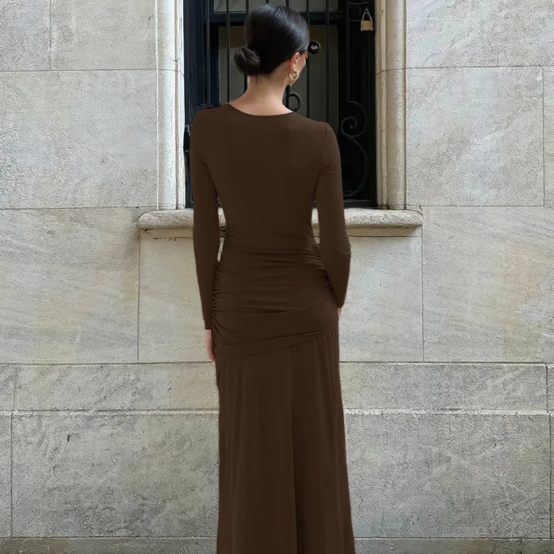 Woman Clothing 2025 Autumn High Waist Bandage Ruched Long Dress - Image 13