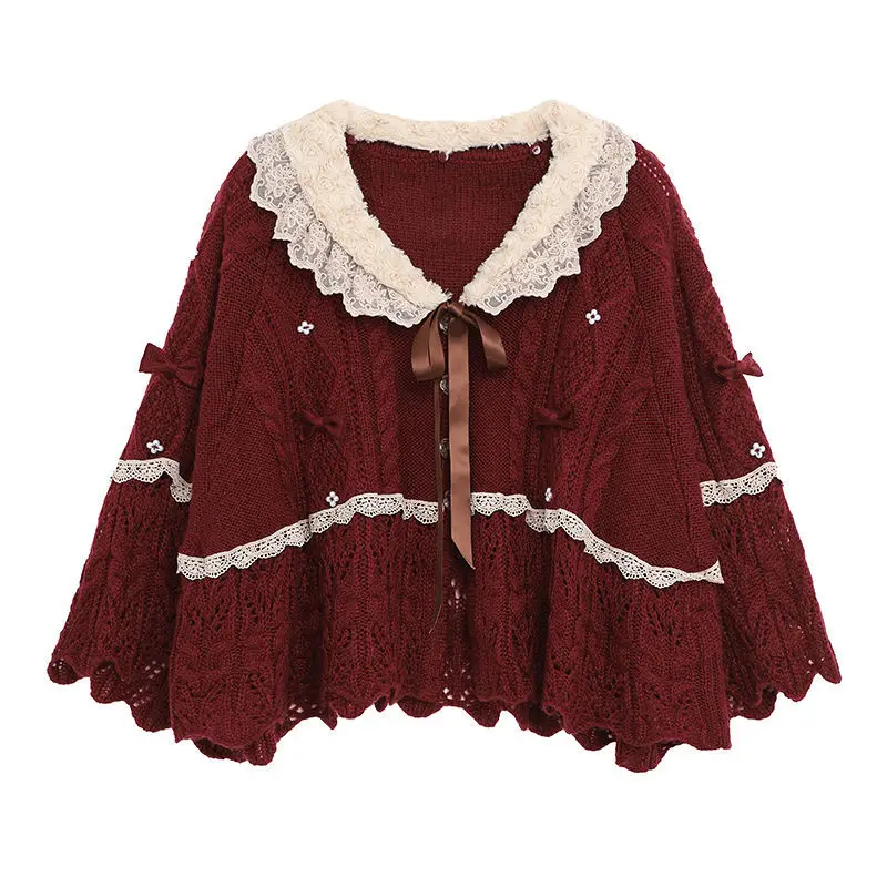 Women’s 2022 Autumn/Winter Wine Red Lace Doll Neck Sweater – Soft Vintage Style - Image 4