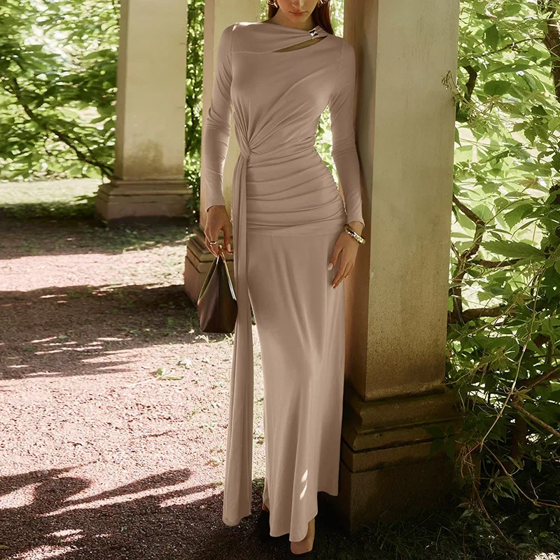 Woman Clothing 2025 Autumn High Waist Bandage Ruched Long Dress - Image 21