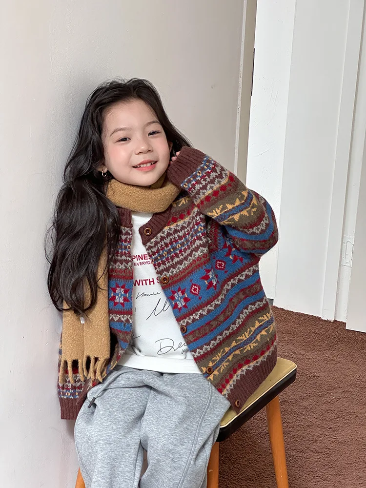 2025 Kids’ Winter Retro Jacquard Sheep Wool Sweater Jacket – Girls’ Knitted Top - Image 13