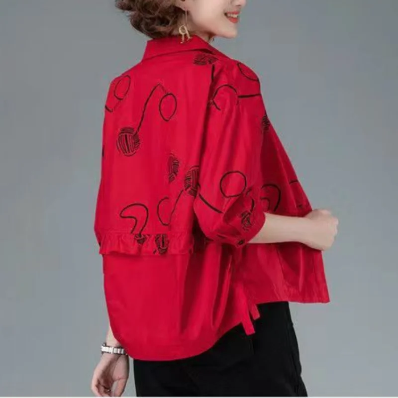 Women’s 2023 Autumn/Winter Printed Polo Collar 3/4 Sleeve Casual Shirt - Image 6