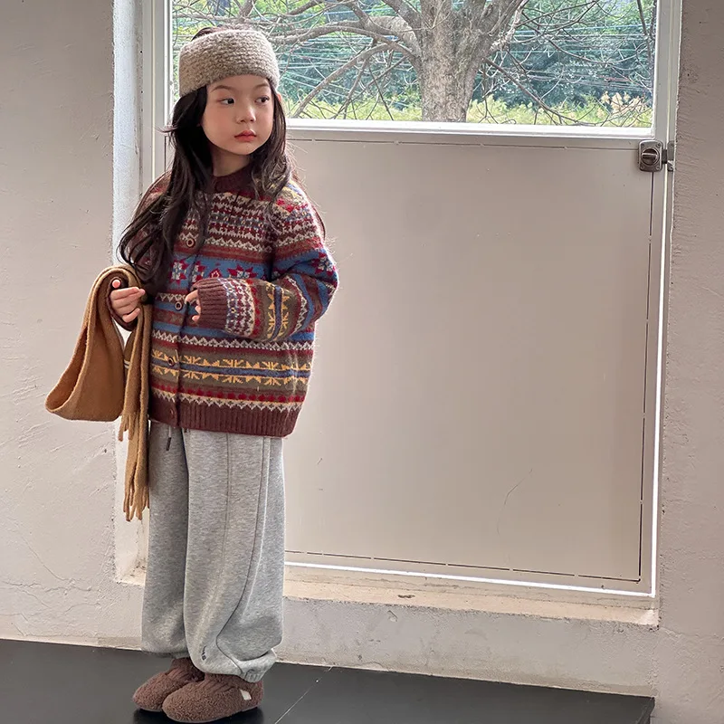 2025 Kids’ Winter Retro Jacquard Sheep Wool Sweater Jacket – Girls’ Knitted Top - Image 4