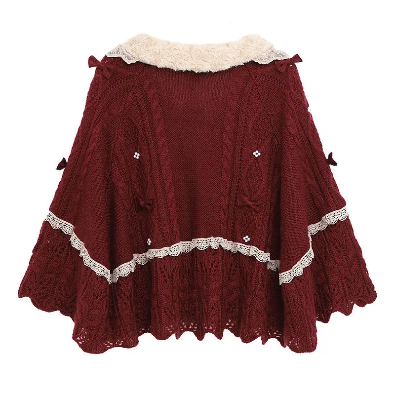 Women’s 2022 Autumn/Winter Wine Red Lace Doll Neck Sweater – Soft Vintage Style - Image 5