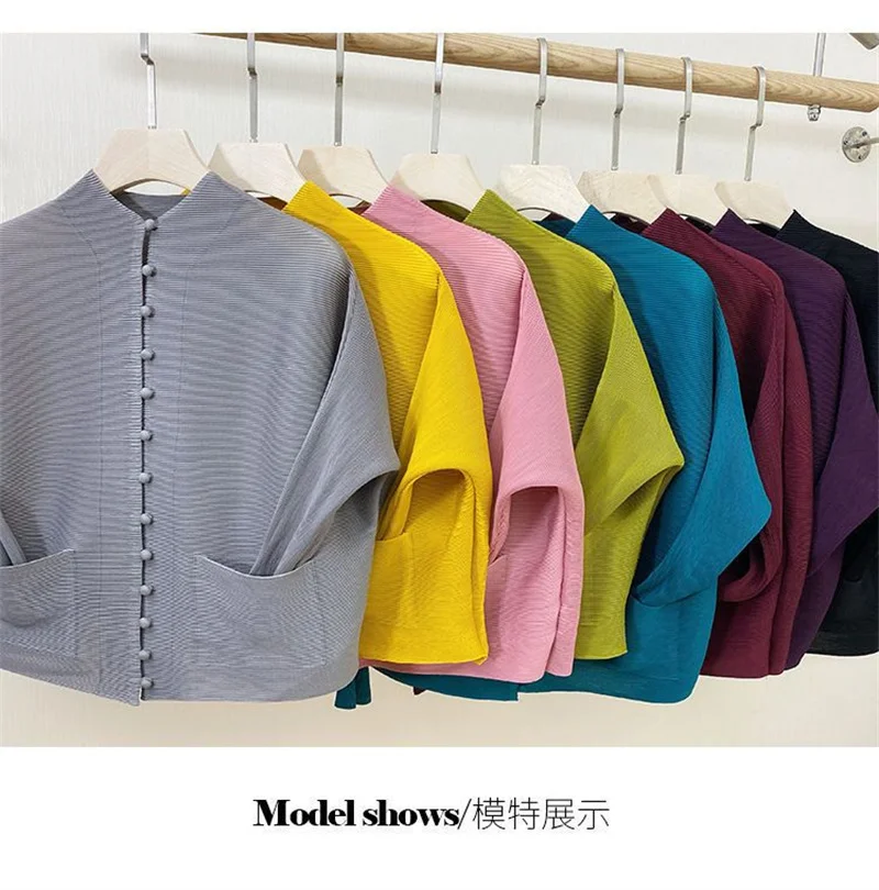 Woman Clothing Bat Sleeve Loose Pleated T-Shirt Jacket with Pocket - Image 16