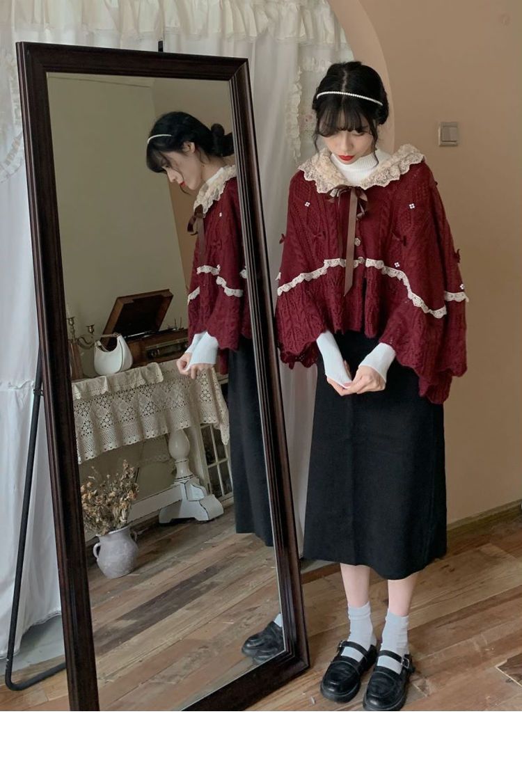 Women’s 2022 Autumn/Winter Wine Red Lace Doll Neck Sweater – Soft Vintage Style - Image 8