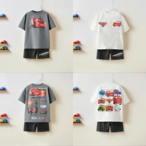Boys’ Car Print 2-Piece Set – Short Sleeve Tee & Shorts Casual Outfit