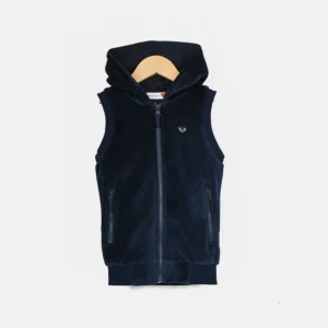 Kids’ Navy Velour Hooded Vest – Zipper Front with Embroidered Heart