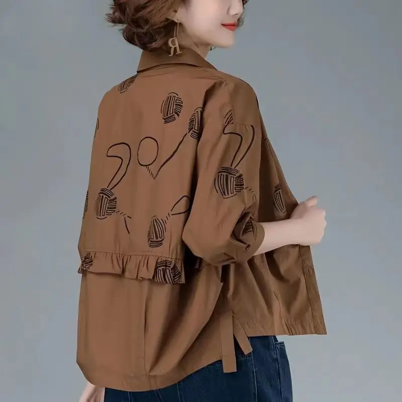 Women’s 2023 Autumn/Winter Printed Polo Collar 3/4 Sleeve Casual Shirt