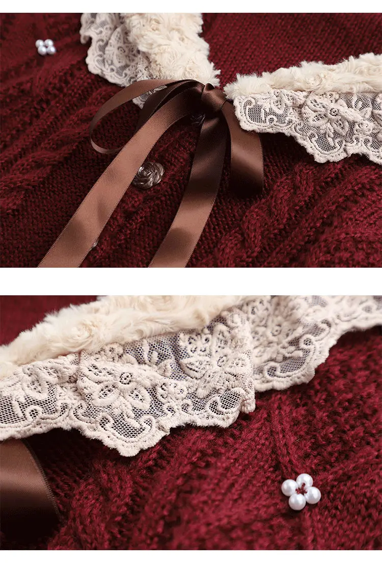 Women’s 2022 Autumn/Winter Wine Red Lace Doll Neck Sweater – Soft Vintage Style - Image 12